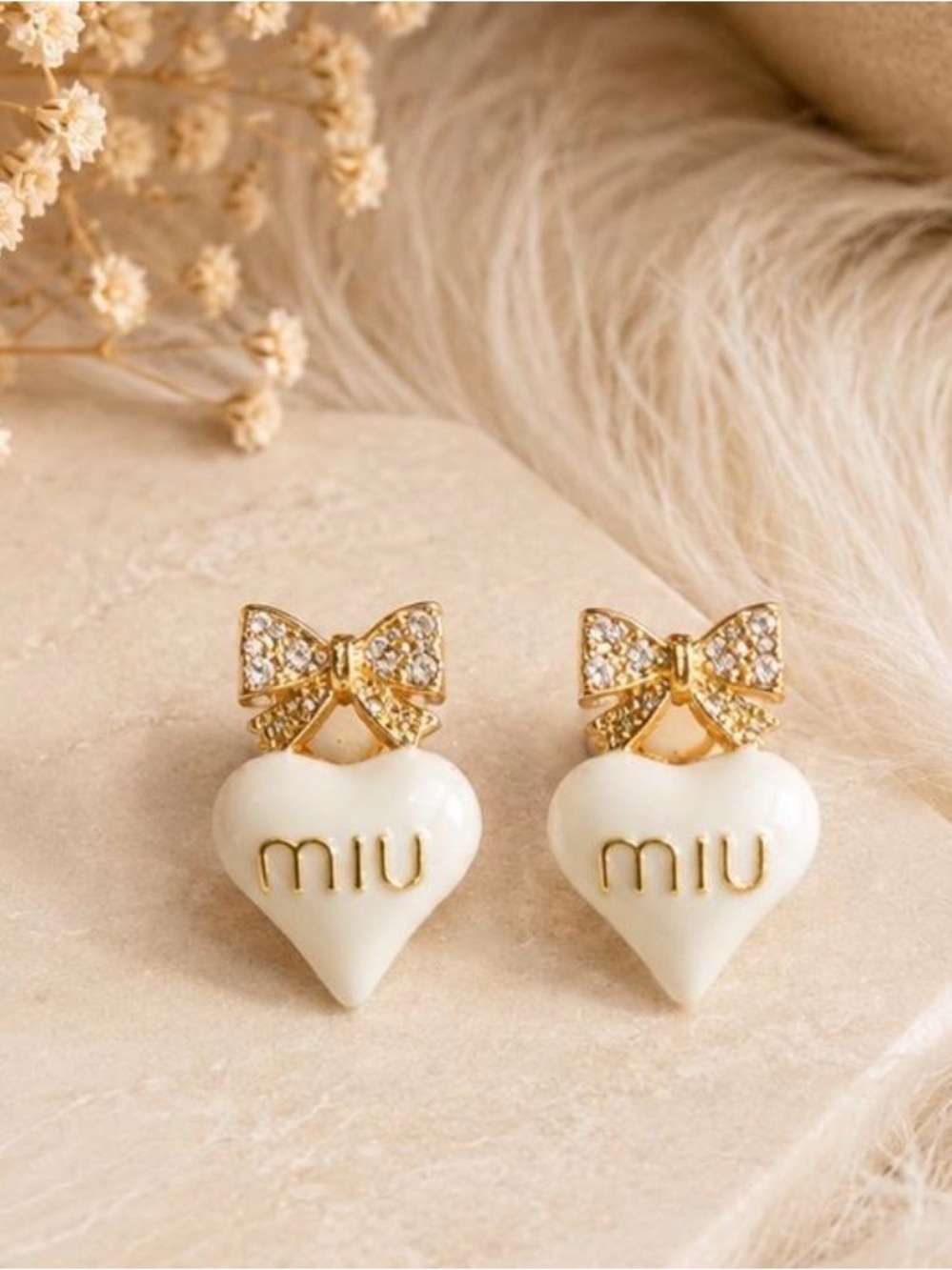 Miu Miu Small White Enamel Heart Earrings with Gold Bow